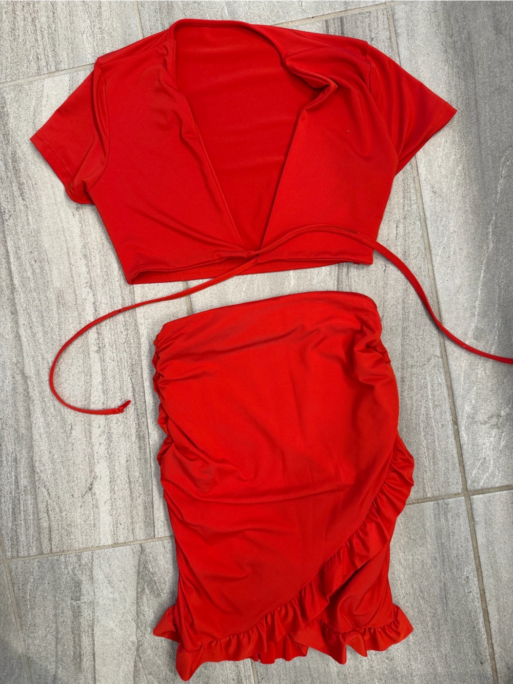 Red Ruffle Wrap Mini Skirt Set - Picture 7 of 9